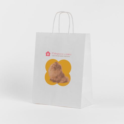 Diferentes modelos de bolsas de papel kraft con impresión personalizada, disponibles desde 100 unidades.